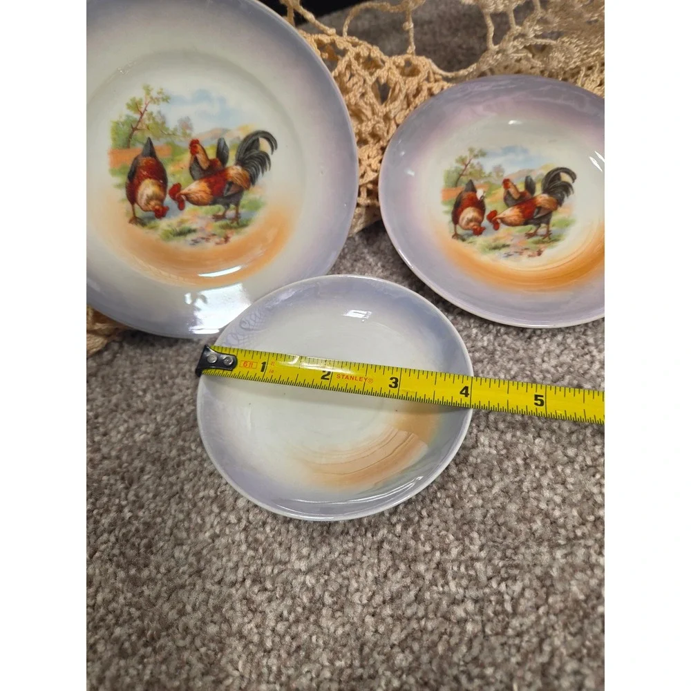 Vintage Germany 282 Lusterware Rooster Tea Set Miniature Sugar Bowl Cups Plates